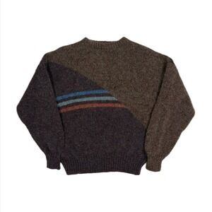 Vtg Maban Scotland wool brown stripe knit crewneck sweater women's 44 medium